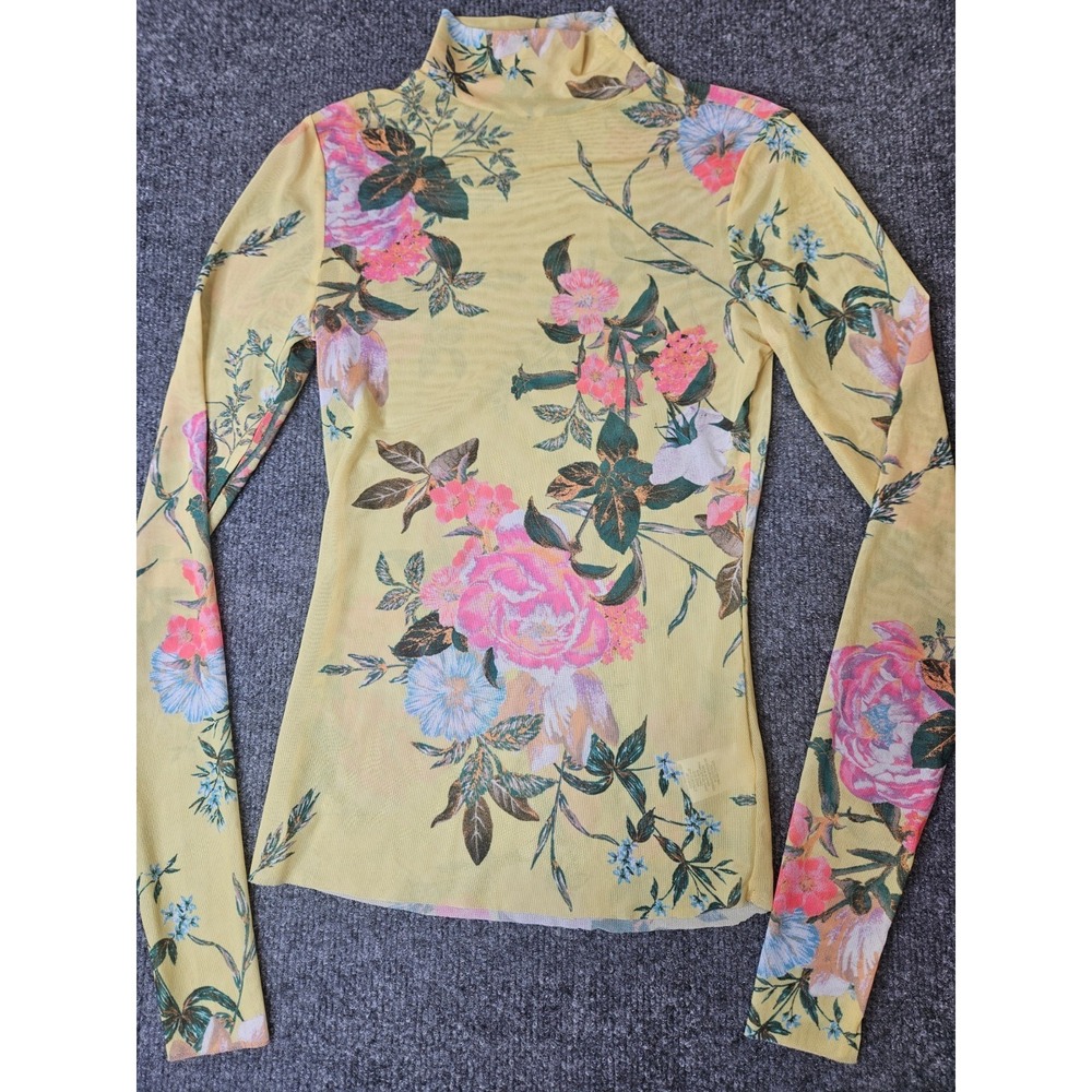 AFRM Mesh Longsleeve Top Stretch Sheer Size XS Floral Y2k Style Layering Yellow